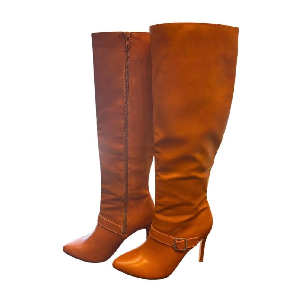 Shoedazzle “Olivia” Tan knee-high heeled leather boots - Size US 7